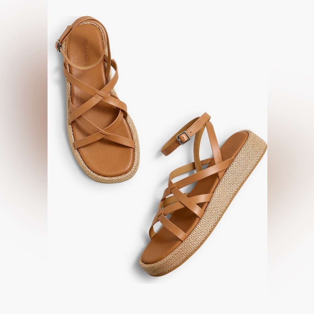 New Madewell Strappy Platform Leather Sandals Camel size 6.5